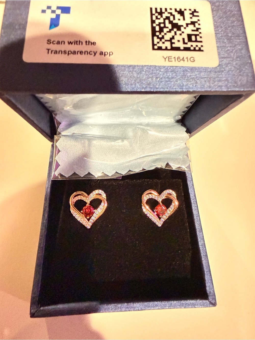 Heart-Shaped Red Stone Stud Earrings in Rose Gold Tone — Unbranded